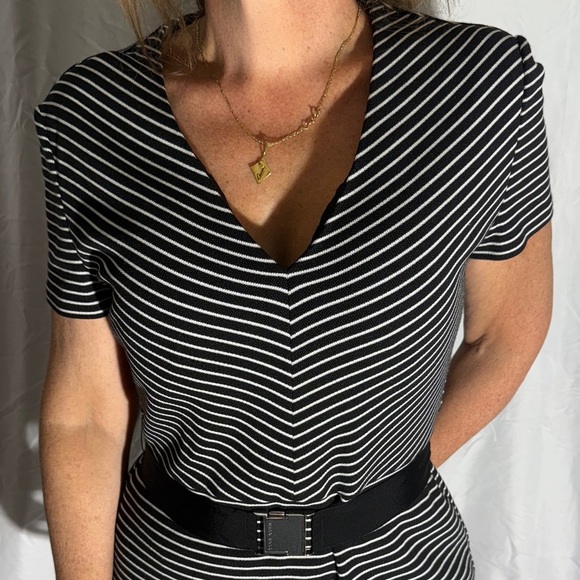 BOSS Striped Black White Belted Sheath Dress Size 8 Short Sleeve - Picture 5 of 10